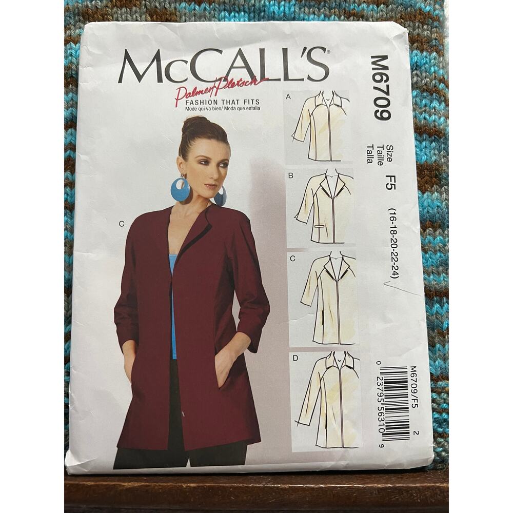 McCalls 6709 sewing pattern jacket pattern zip front size 16 18 20 22 24